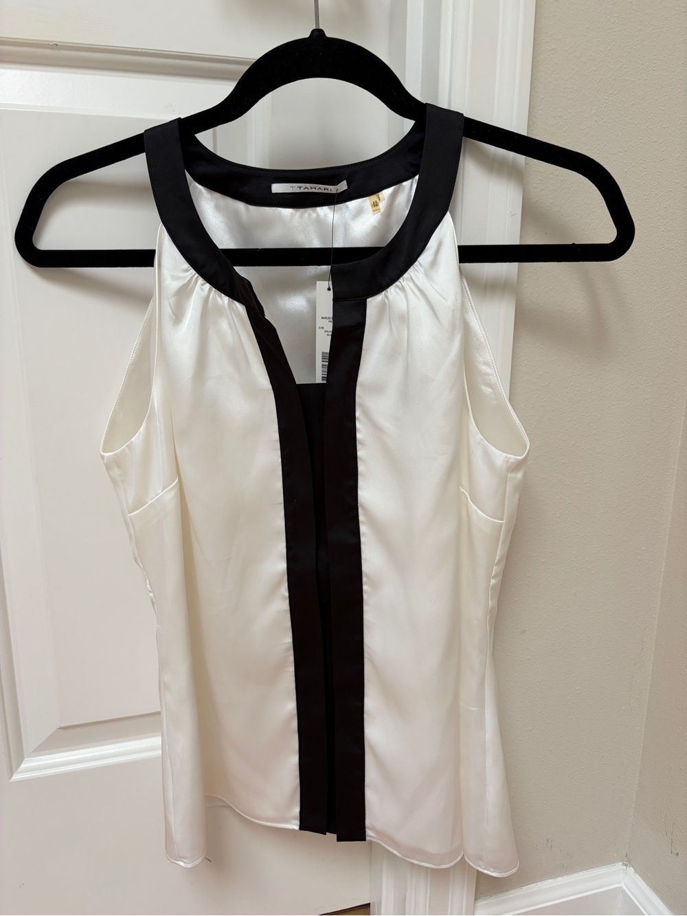 Womenโs White and Black Sleeveless Satin Top - Contrast Trim